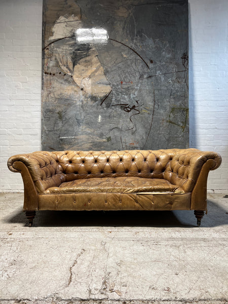 A Very Rare & Special Splayed Arm Antique 19thC JAS Schoolbred Chesterfield Sofa in Parchment Leathers