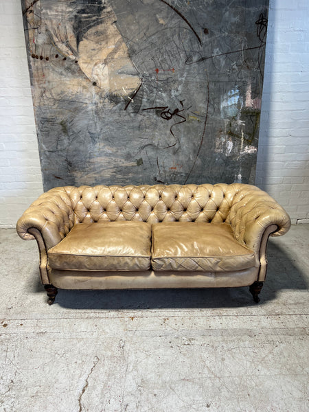 Very Smart Victorian Antique 19thC Leather Chesterfield Sofa in Hand Dyed Parchment