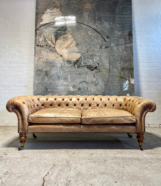 Very Beautiful 19thC Leather Chesterfield Sofa in Hand Dyed Parchment