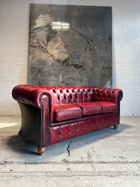 A Very Neat Red Leather Chesterfield Sofa only 30” deep