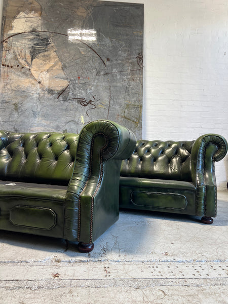 Matching Pair of Green 3 & 2 Seater Chesterfield Sofas with Swan Neck