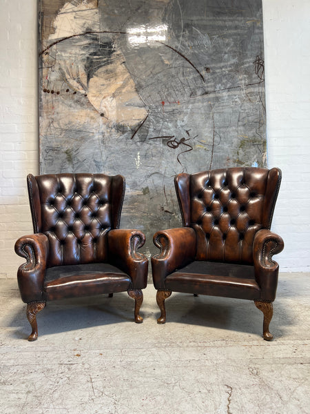 Beautiful Matching Pair of Chesterfield Wing Back Chairs