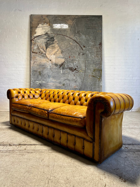 An Exceptional Autumn Gold Hand Dyed Leather Chesterfield Sofa 240cm