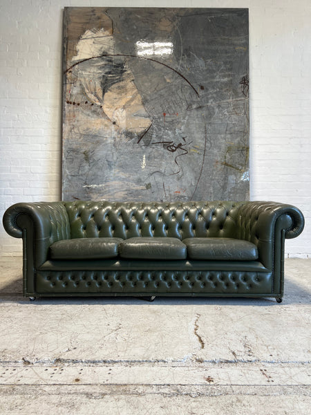 One of a Pair - a Very Smart Military Green Leather Chesterfield Sofa