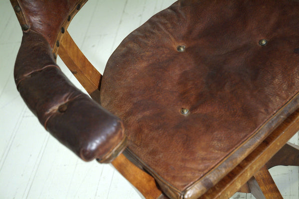 EARLY 20TH CENTURY CAPTAINS ANTIQUE CHAIR : ORIGINAL LEATHER