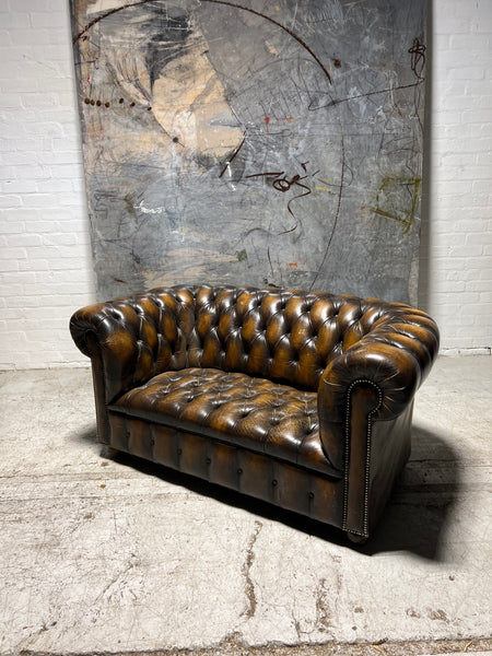 A Very Nice Twice Loved Vintage 2 Seat Leather Chesterfield Sofa in Dark Saddle Tan