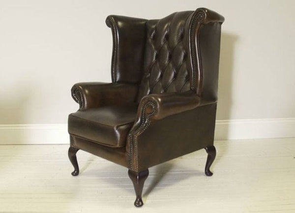 PRE-LOVED SECOND HAND LEATHER CHESTERFIELD WING BACK CHAIR IN RICH CHOCOLATE BROWN