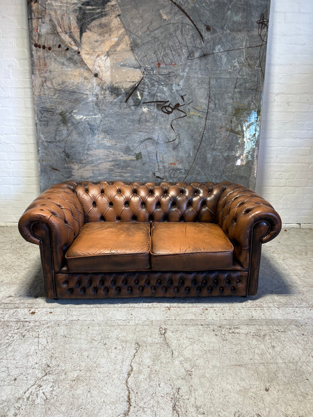 Lovely Caramel Browns Twice Loved 2 Seat Leather Chesterfield Sofa