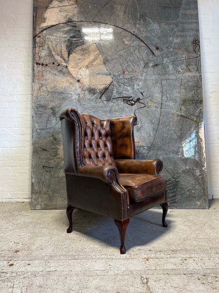 Leather Chesterfield Wing Chair in Rich Tan Browns