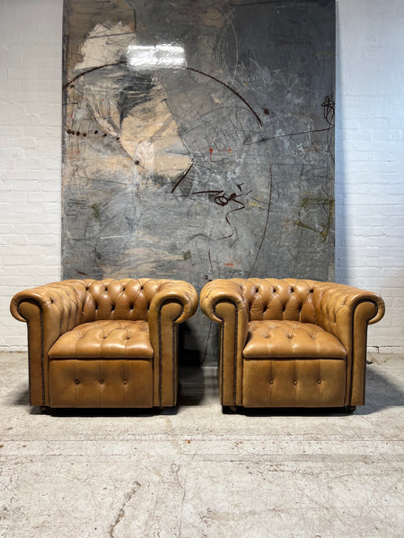 A Super Neat Vintage Tan Leather Chesterfield Suite