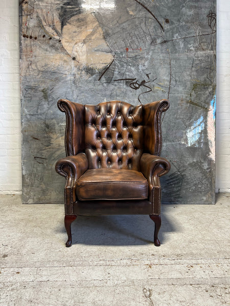 Leather Chesterfield Wing Chair in Rich Tan Browns