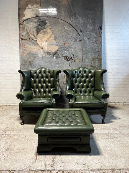 A Very Smart Pair of Racing Green Wing Back Chairs with Ottoman