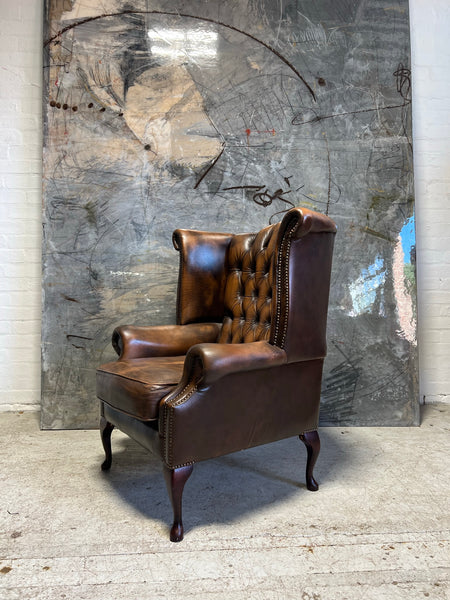 Leather Chesterfield Wing Chair in Rich Tan Browns