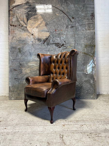 Leather Chesterfield Wing Chair in Rich Tan Browns