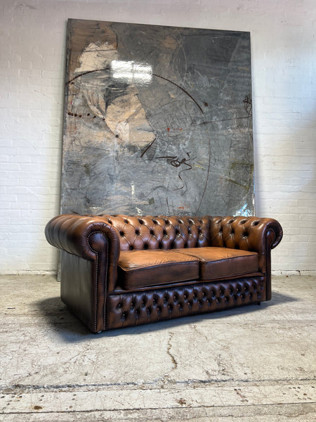 A Lovely Caramel Tan Leather Chesterfield 2 Seater Sofas