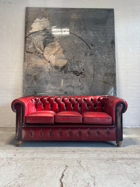 A Very Neat Red Leather Chesterfield Sofa only 30” deep