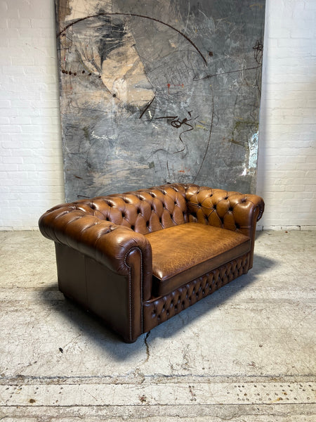 A Lovely Caramel Tan Leather Chesterfield 2 Seater Sofas