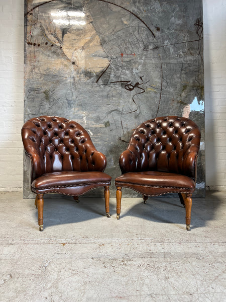 2 of 6 - A Stunning Pair of Rich Brown Leather Chesterfield a Library Chairs