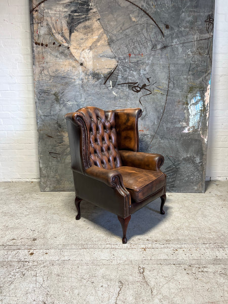 Leather Chesterfield Wing Chair in Rich Tan Browns