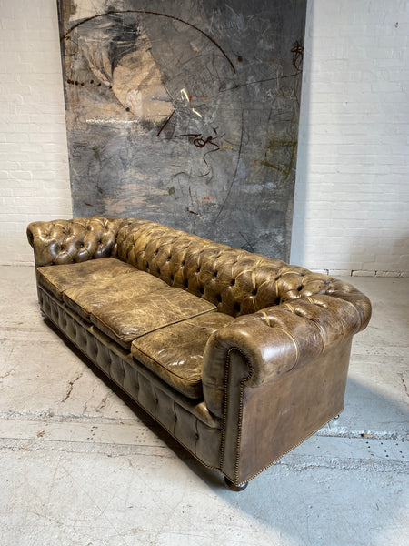 Huge Exceptional MidC Chesterfield Sofa in Walnut Husk Hand Dyed Leathers