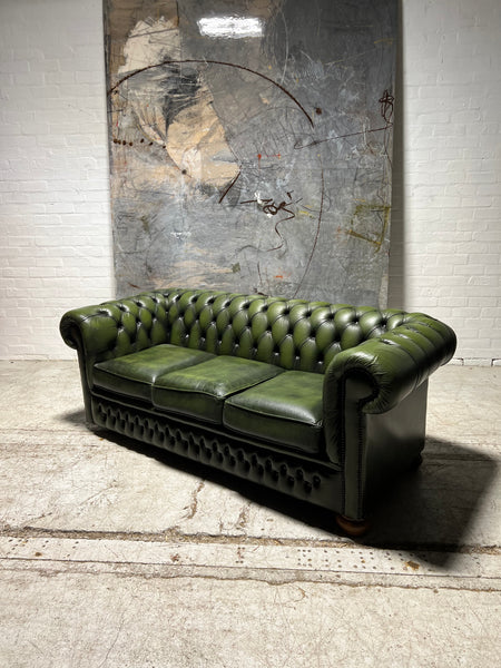 Lovely Twice Loved Forest Green Leather Chesterfield 3 Seat Sofa