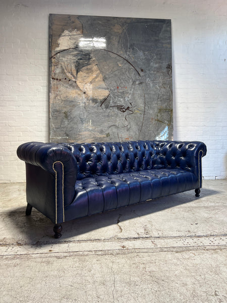 Excellent Antique 19thC Victorian Chesterfield Sofa - Fully Restored in our Hand Dyed Deep Ocean Leathers - 4 Seat