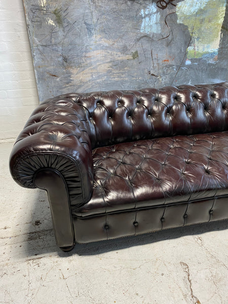 19thC Antique Leather Chesterfield Sofa in Aubergine