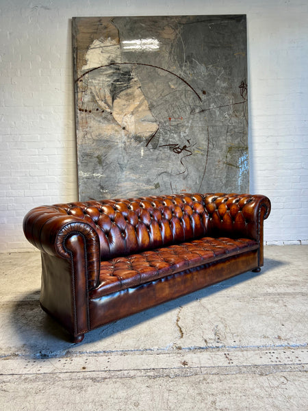 Exceptional MidC Vintage Leather Chesterfield Sofa in Hand Dyed Horse Chestnut