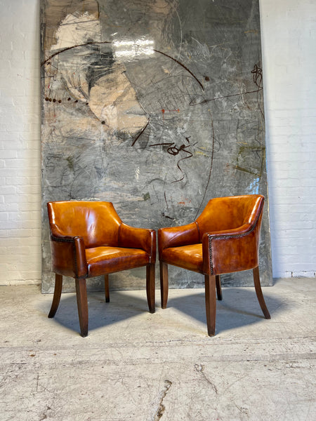 A Very Smart Matching Pair of Library Armchairs in Hand Dyed Leathers