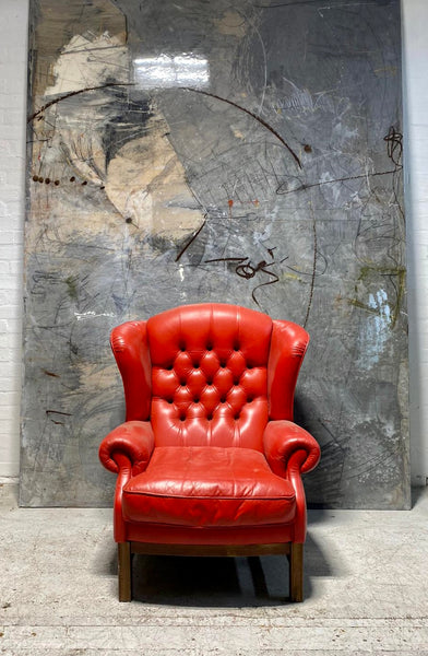 Priced Individually - A Striking Collection of Four Chesterfield Wing Back Chairs in Pillar Box Red