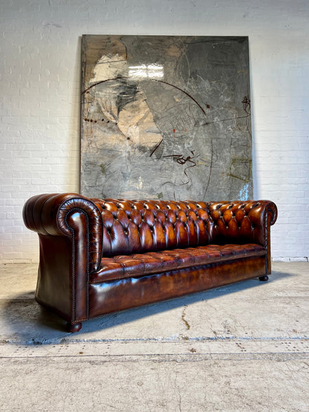 Exceptional MidC Vintage Leather Chesterfield Sofa in Hand Dyed Horse Chestnut