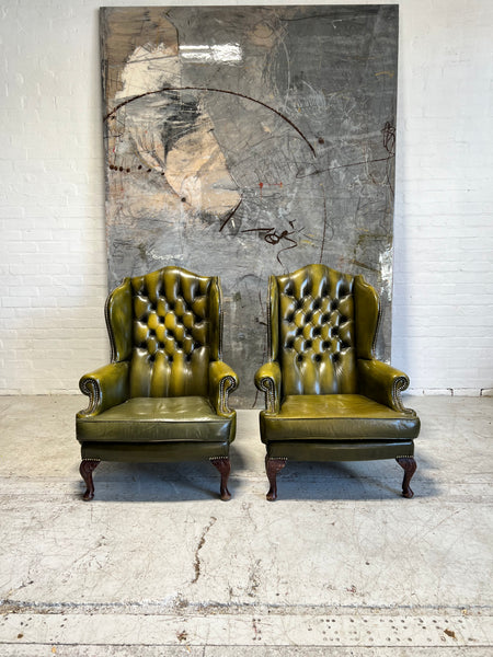Stunning Pair of MidC Chesterfield Wing Back Chairs in Striking Olive Green