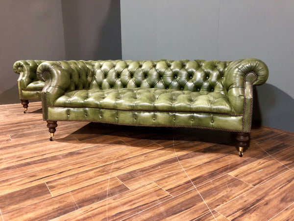 A Fine Pair of our Maria Chesterfield Sofas in Hand Dyed Grass Green