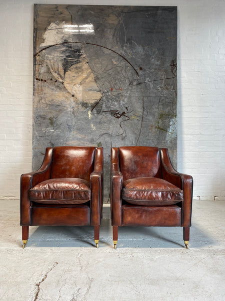 A Cool Pair of Armchairs in Hand Dyed Cognac Leathers