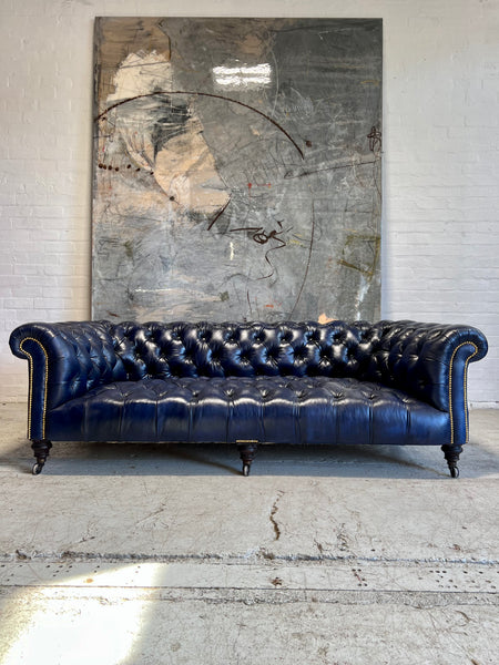 A Very Good 4 Seat Antique Victorian 19thC Chesterfield Sofa - Fully a restored in Hand Dyed Deep Ocean Navy Blue Leather