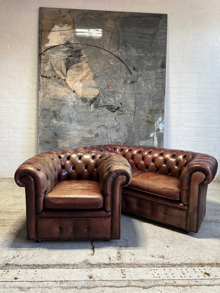 MidC Hand Dyed Leather 2 Seat Chesterfield Sofa & Club Chair