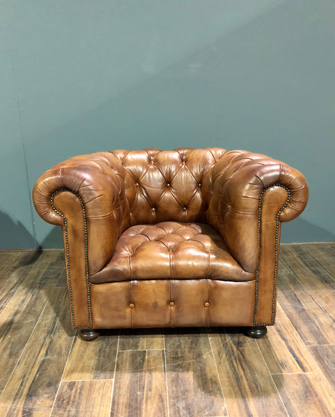 A Beautiful Early 20thC Restored Club Chair in Hand Dyed Saddle Tan