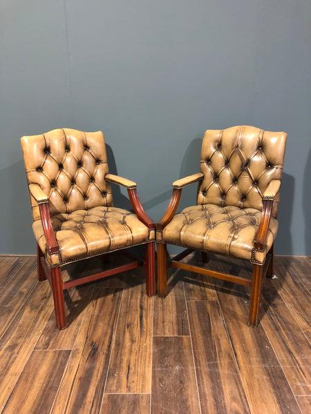 A Charming Pair of Side Chairs in Rustic Tan Leathers