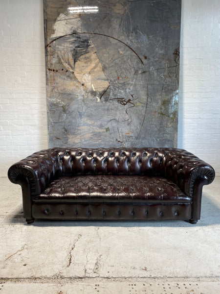 19thC Antique Leather Chesterfield Sofa in Aubergine