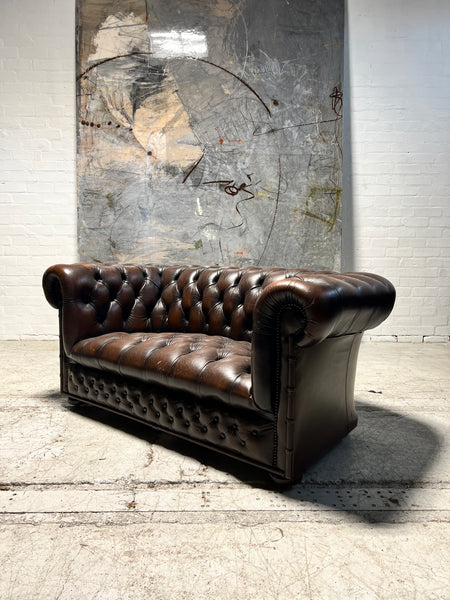 A Lovely Little Brown Leather Chesterfield 2 Seat Sofa