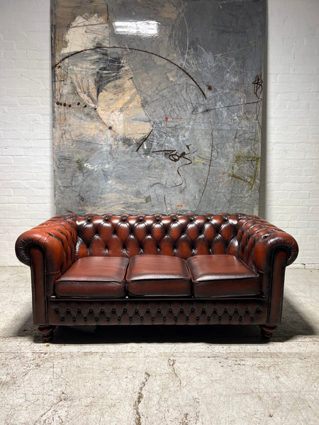 Pair Available - A Really Rich Deep Chestnut Leather Chesterfield 3 Seat Sofa