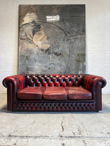 A Really Great Rustic Wine 3 Seat Leather Chesterfield Sofa