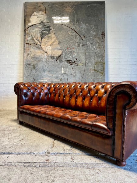 Exceptional MidC Vintage Leather Chesterfield Sofa in Hand Dyed Horse Chestnut