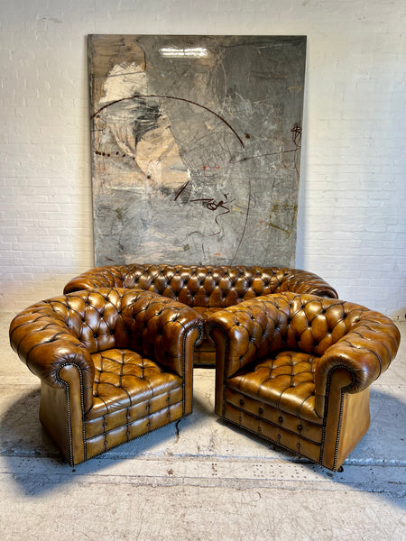 Amazing Matching Pair of MidC Leather Chesterfield Club Chairs (Full Suite Available)