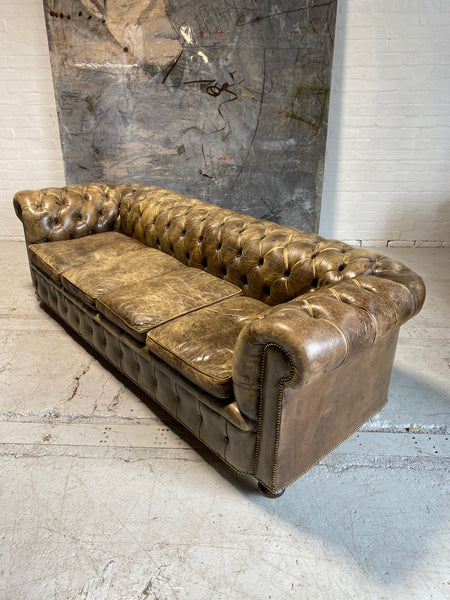 Huge Exceptional MidC Chesterfield Sofa in Walnut Husk Hand Dyed Leathers