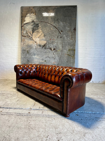 Exceptional MidC Vintage Leather Chesterfield Sofa in Hand Dyed Horse Chestnut
