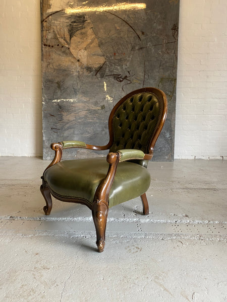 Lovely Carved Side Chair in Olive Green Leathers