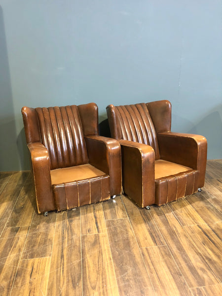 A Very Very Nice Matching Pair of Early 20thC Leather Armchairs