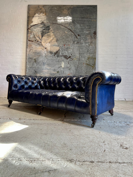 A Very Good 4 Seat Antique Victorian 19thC Chesterfield Sofa - Fully a restored in Hand Dyed Deep Ocean Navy Blue Leather