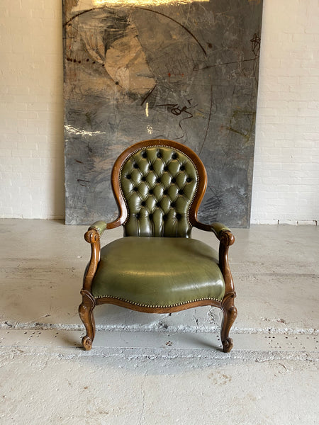 Lovely Carved Side Chair in Olive Green Leathers